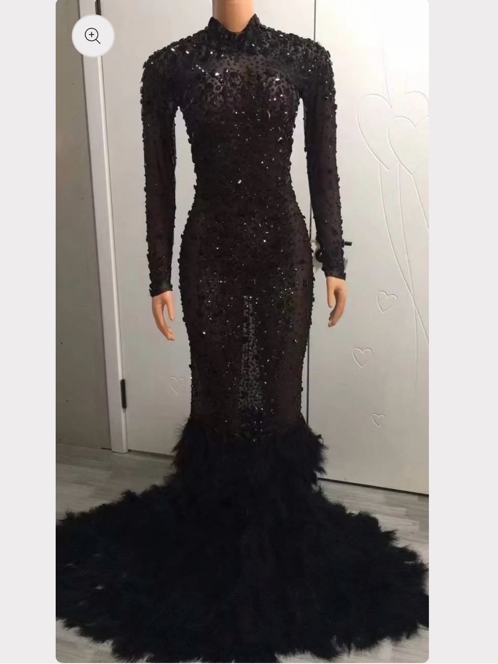 Black Sequin Feather-Trim Maxi Gown